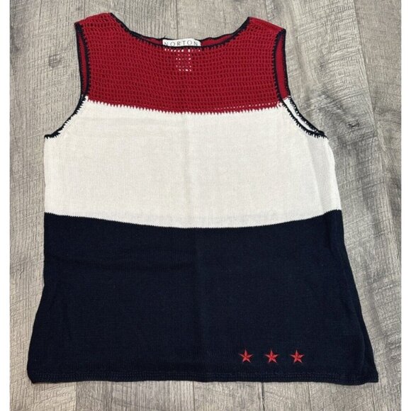 Vintage Norton Studio Sleeveless Sweater Womens Medium Blue Red Stars Vest 90s - Picture 7 of 9